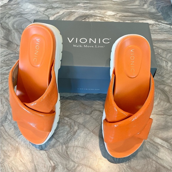 Vionic Vesta Women's Slide Comfort Sandals Orange Marigold Patent Leather Size 8 - Picture 5 of 12